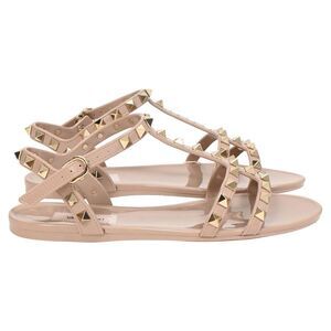 Valentino Rockstud Flat Sandals in Beige Rubber